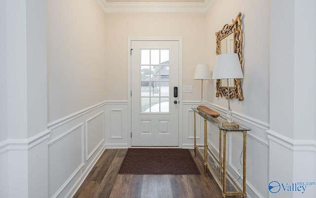 entryway featuring crown molding and dark wood-type flooring