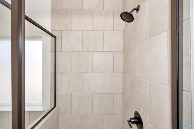 interior details featuring a tile shower