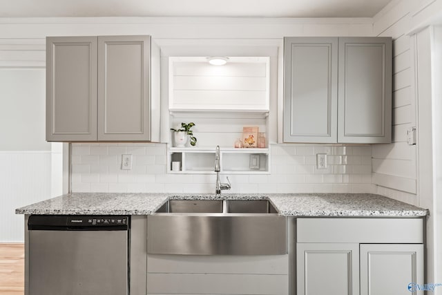 412 Oshaughnessy Ave NE, Huntsville, AL 35801 - kitchen with stainless steel dishwasher, gray cabinets, a sink, light stone counters, and tasteful backsplash