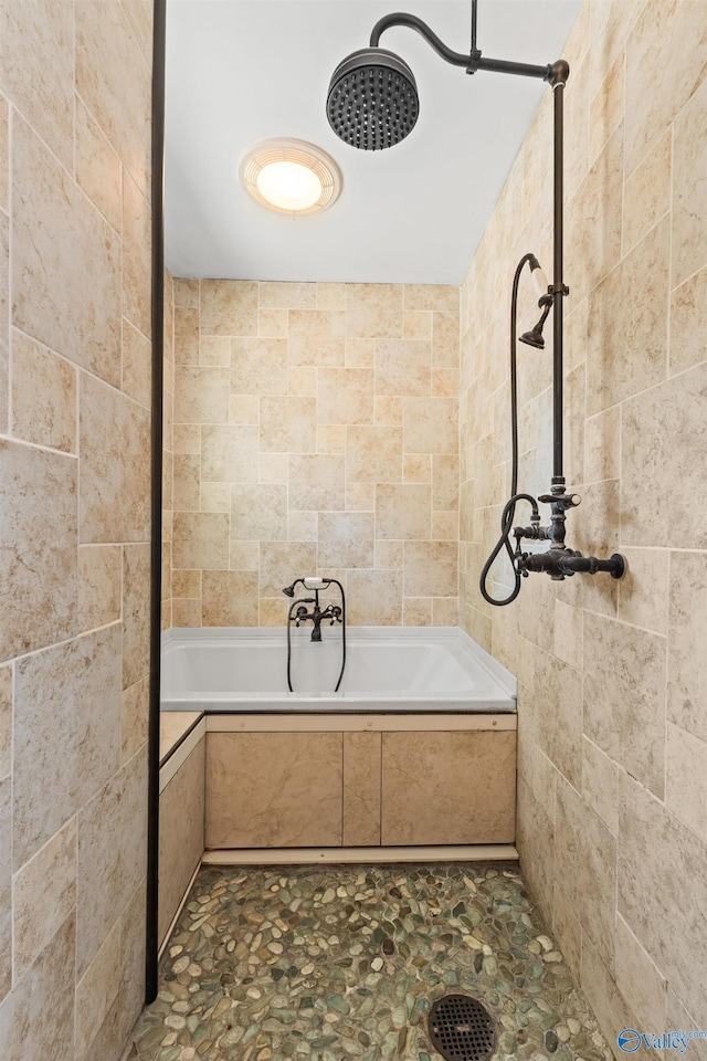 412 Oshaughnessy Ave NE, Huntsville, AL 35801 - bathroom with tile walls, tiled shower, and a tub