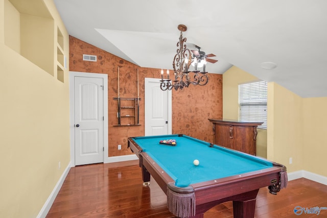 recreation room featuring dark wood-type flooring, billiards, and vaulted ceiling