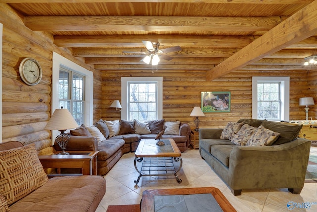 living room featuring beam ceiling, wood ceiling, log walls, and ceiling fan