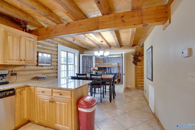 kitchen with pendant lighting, stainless steel dishwasher, wood ceiling, and log walls