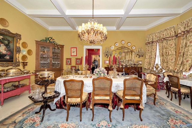 dining area with beamed ceiling, light colored carpet, a notable chandelier, and coffered ceiling