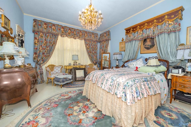 carpeted bedroom featuring crown molding and an inviting chandelier