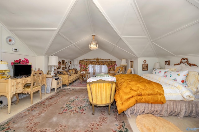 bedroom featuring carpet and vaulted ceiling