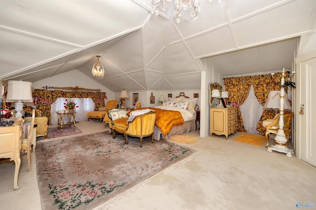 carpeted bedroom featuring lofted ceiling