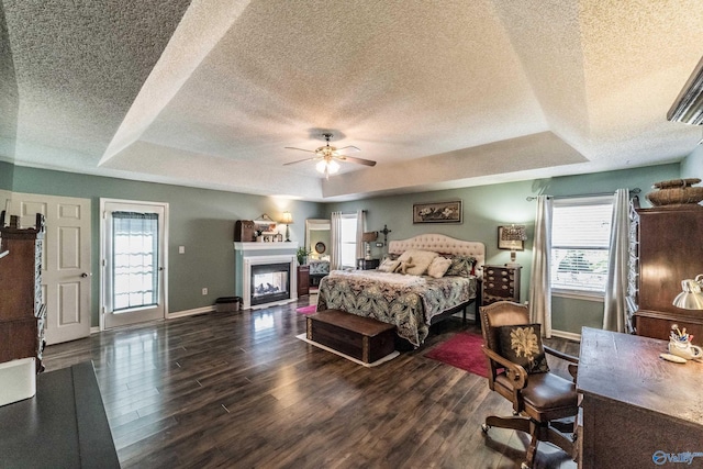 bedroom with a raised ceiling, multiple windows, and dark wood-type flooring