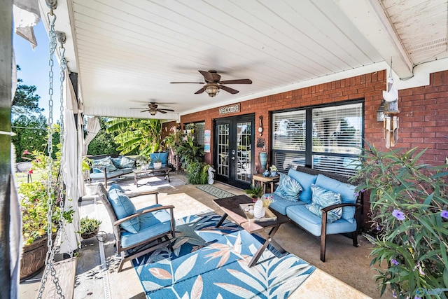 view of patio / terrace with outdoor lounge area, french doors, and ceiling fan