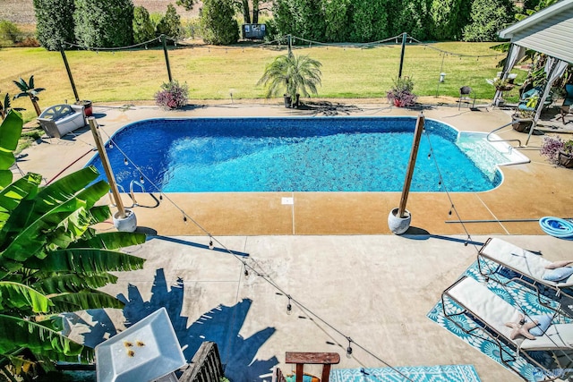 view of swimming pool featuring a patio area and a lawn