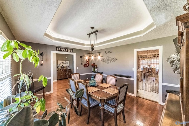 dining room featuring a tray ceiling, a textured ceiling, and dark hardwood / wood-style floors