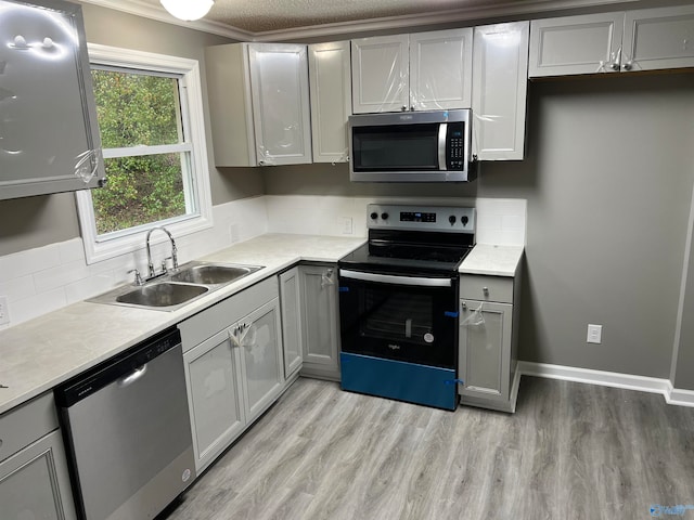 kitchen featuring gray cabinets, sink, ornamental molding, and stainless steel appliances