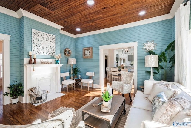 living room with a fireplace with flush hearth, recessed lighting, wooden ceiling, and wood finished floors