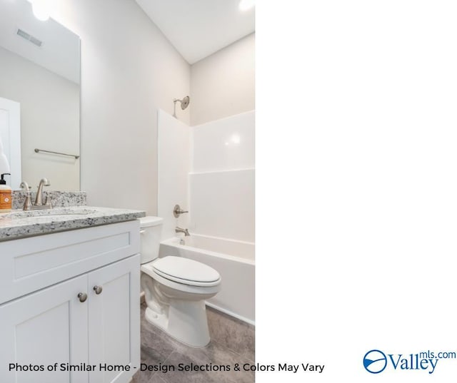 full bathroom with vanity, shower / bathtub combination, and toilet