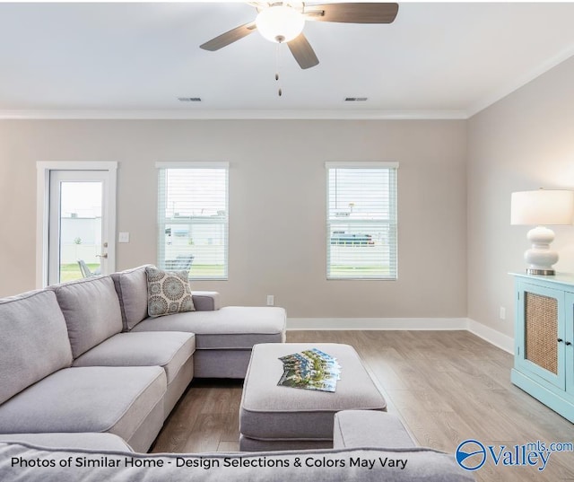 1112 Hine St, Athens, AL 35611 - living room featuring ceiling fan, crown molding, light hardwood / wood-style floors, and a healthy amount of sunlight