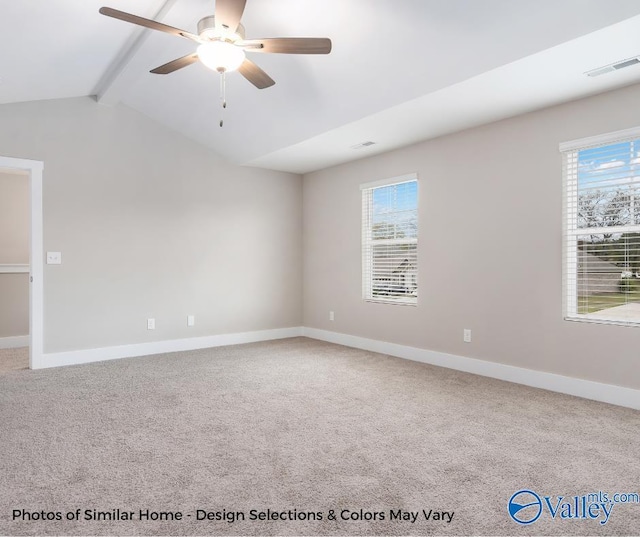 1112 Hine St, Athens, AL 35611 - carpeted spare room with vaulted ceiling with beams, a healthy amount of sunlight, and ceiling fan