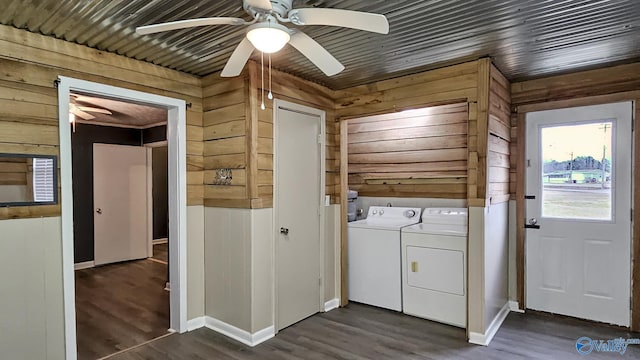 18222 Mcmunn Ln, Athens, AL 35614 - laundry area with dark wood-type flooring, washing machine and clothes dryer, wood walls, wood ceiling, and ceiling fan