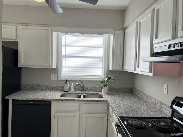 kitchen featuring white cabinets, a ceiling fan, under cabinet range hood, black appliances, and a sink