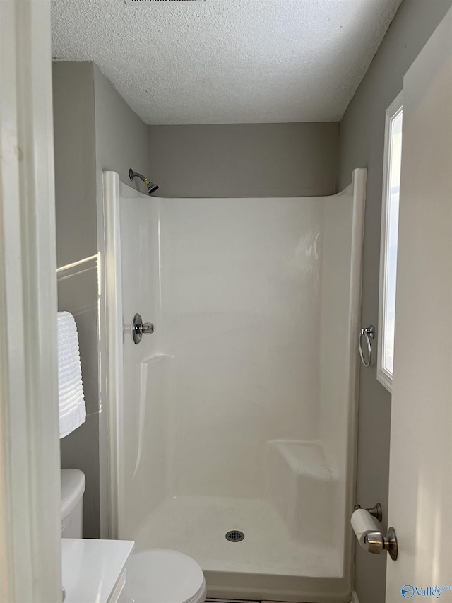 bathroom with a textured ceiling, vanity, a shower stall, and toilet