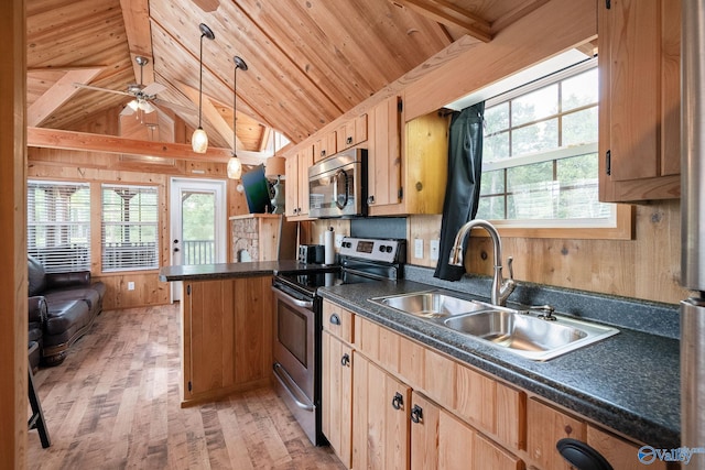 kitchen with light wood-type flooring, ceiling fan, appliances with stainless steel finishes, decorative light fixtures, and sink