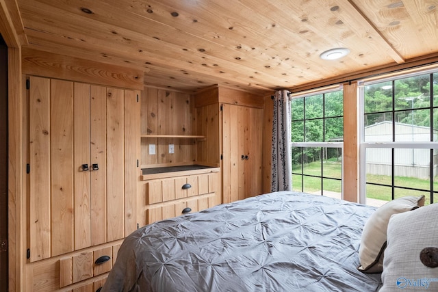 bedroom featuring wooden walls and wood ceiling