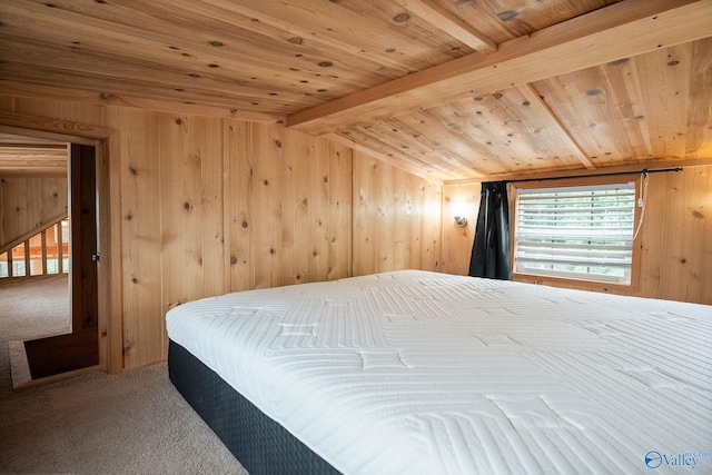 bedroom featuring carpet floors, wood ceiling, wood walls, and vaulted ceiling with beams