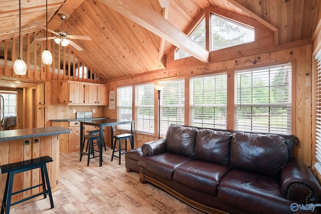living room with beam ceiling, a healthy amount of sunlight, high vaulted ceiling, and ceiling fan