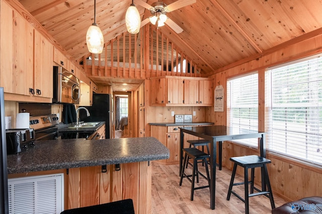 kitchen with high vaulted ceiling, light wood-type flooring, stainless steel appliances, and decorative light fixtures