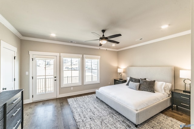 bedroom featuring dark wood-type flooring, ceiling fan, access to exterior, and ornamental molding