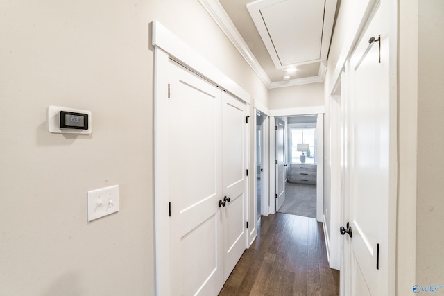 hall with dark hardwood / wood-style floors and crown molding