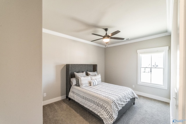 carpeted bedroom featuring ceiling fan and ornamental molding