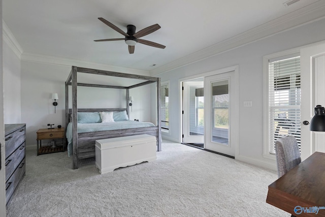 254 Whitlow Rd, Decatur, AL 35603 - bedroom featuring ornamental molding, access to exterior, light carpet, and ceiling fan