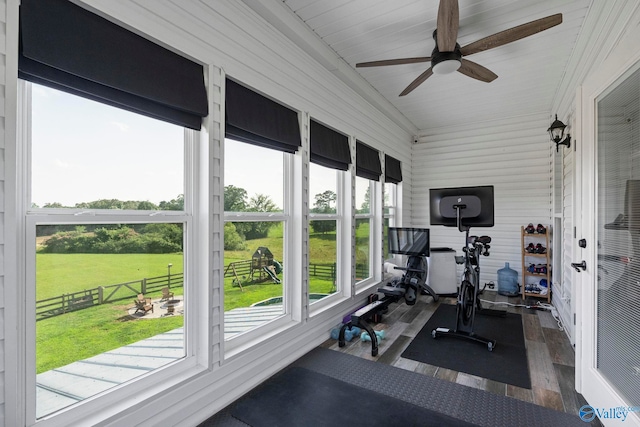 254 Whitlow Rd, Decatur, AL 35603 - exercise area with a ceiling fan and wood finished floors