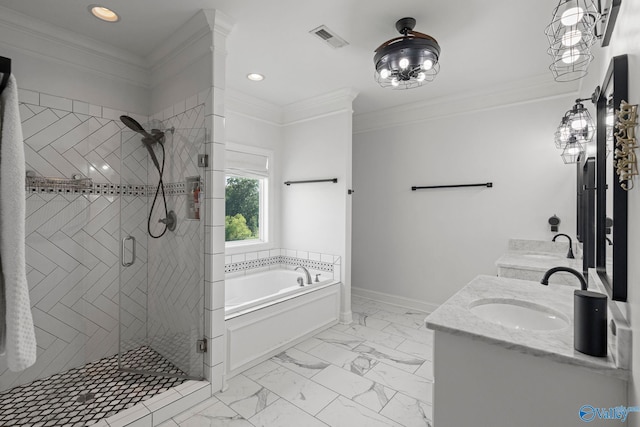 254 Whitlow Rd, Decatur, AL 35603 - bathroom featuring a bath, double vanity, a shower stall, recessed lighting, and marble finish flooring