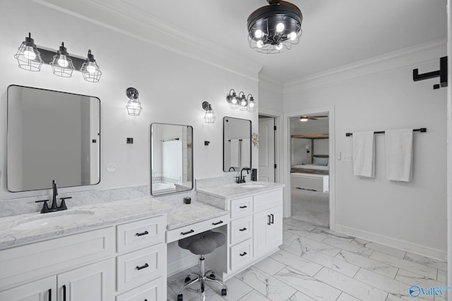 254 Whitlow Rd, Decatur, AL 35603 - bathroom featuring marble look tiles, double vanity, crown molding, connected bathroom, and a chandelier