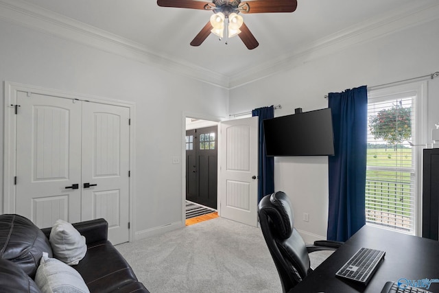 254 Whitlow Rd, Decatur, AL 35603 - office area featuring ornamental molding, carpet, ceiling fan, and plenty of natural light