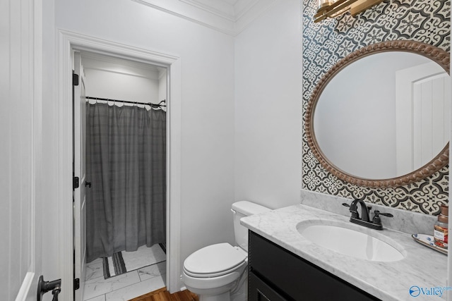 254 Whitlow Rd, Decatur, AL 35603 - bathroom featuring vanity, marble finish floors, and a shower with shower curtain