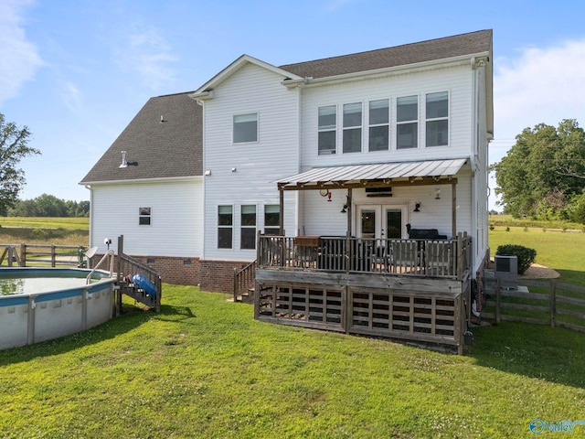 254 Whitlow Rd, Decatur, AL 35603 - rear view of house with a wooden deck, french doors, an outdoor pool, stairs, and roof with shingles