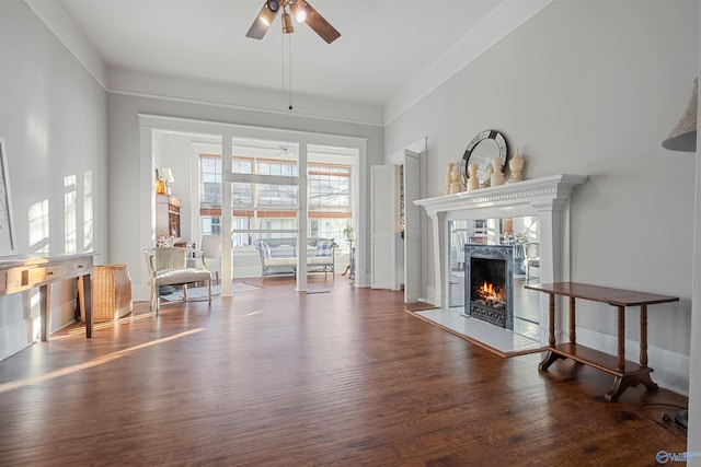 living room featuring dark hardwood / wood-style floors, ceiling fan, and a premium fireplace