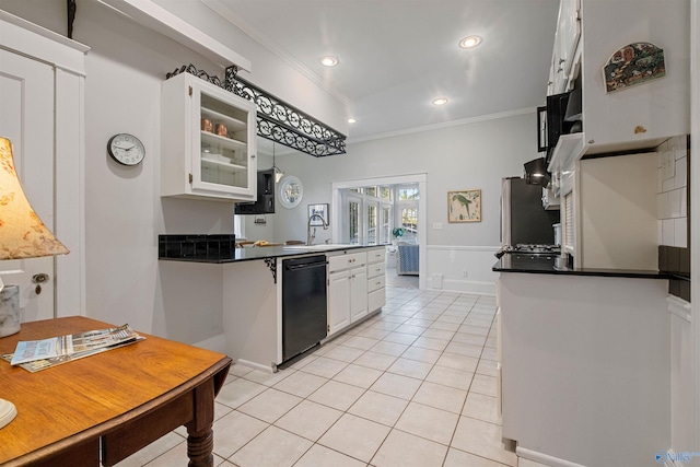 kitchen featuring white cabinets, black dishwasher, kitchen peninsula, and crown molding