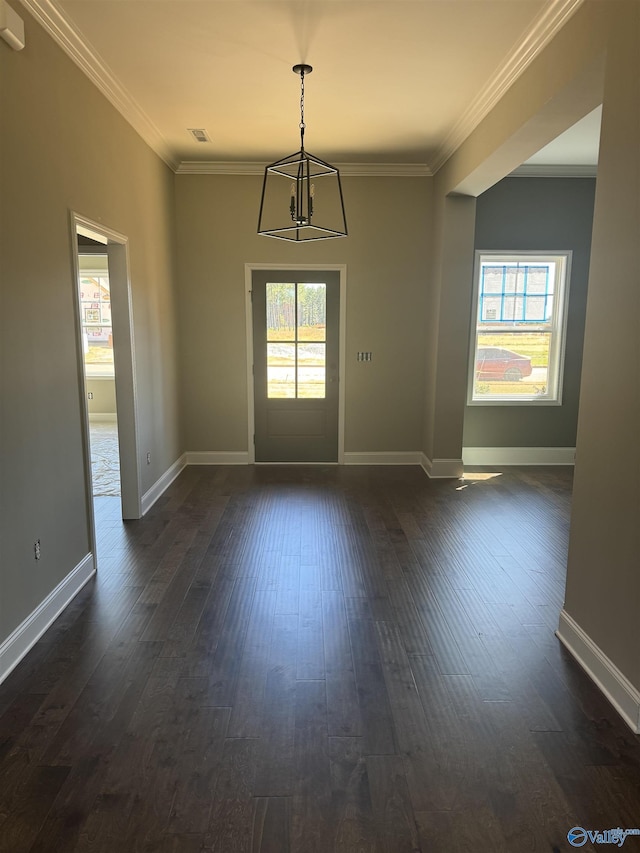 empty room with crown molding, dark hardwood / wood-style floors, and a wealth of natural light