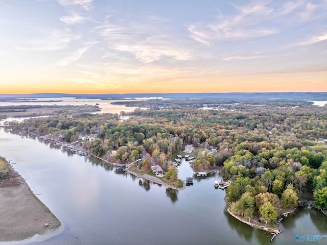 aerial view at dusk with a water view