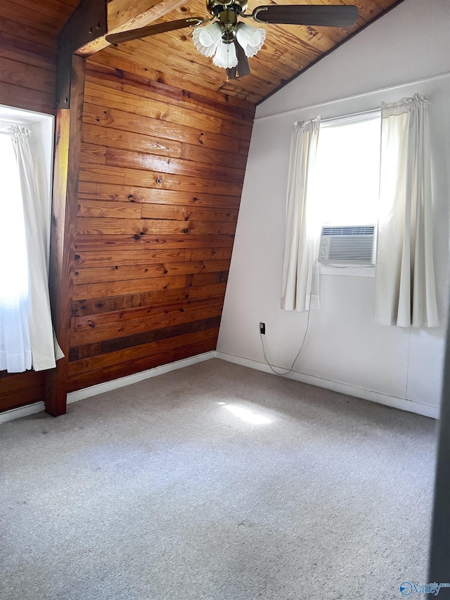 101 9th St W, Grant, AL 35747 - empty room with wood ceiling, lofted ceiling, a ceiling fan, wooden walls, and carpet floors