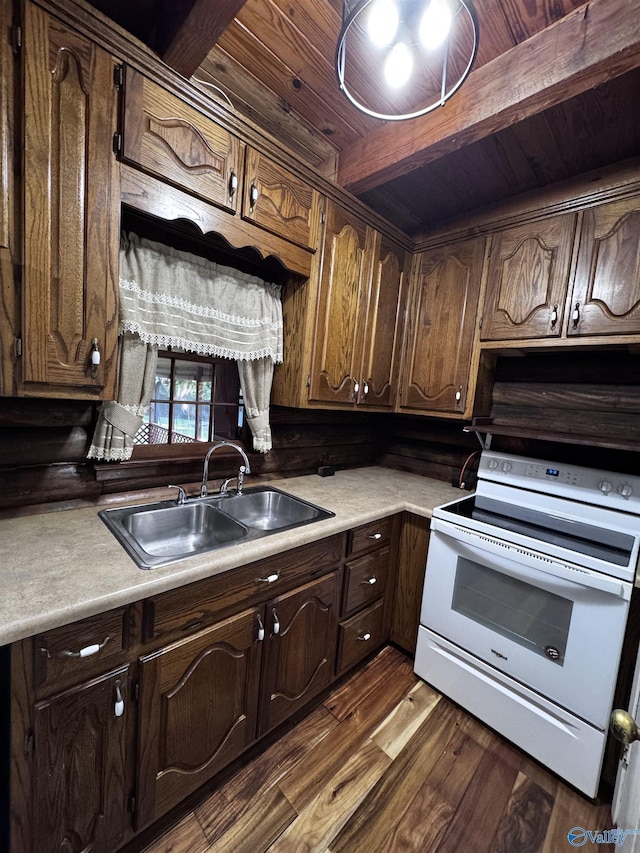 101 9th St W, Grant, AL 35747 - kitchen featuring white electric range oven, a sink, light countertops, wood ceiling with exposed beams, and dark wood-style flooring