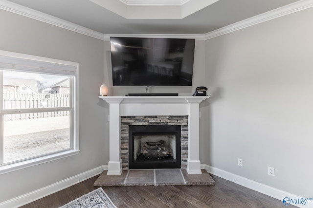 room details with a raised ceiling, crown molding, a fireplace, and hardwood / wood-style flooring