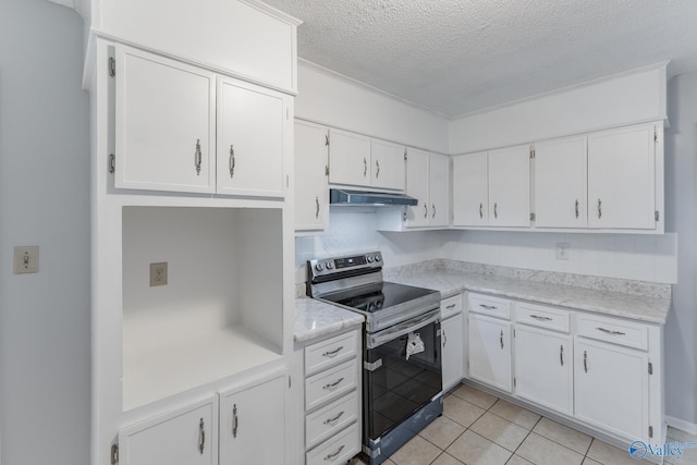 kitchen featuring a textured ceiling, white cabinetry, light countertops, under cabinet range hood, and electric range