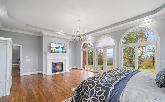 bedroom with access to outside, a tray ceiling, a glass covered fireplace, and dark wood finished floors