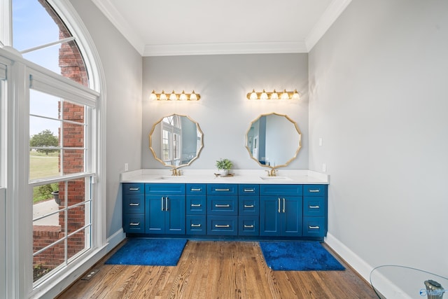 bathroom with double vanity, ornamental molding, wood finished floors, and baseboards