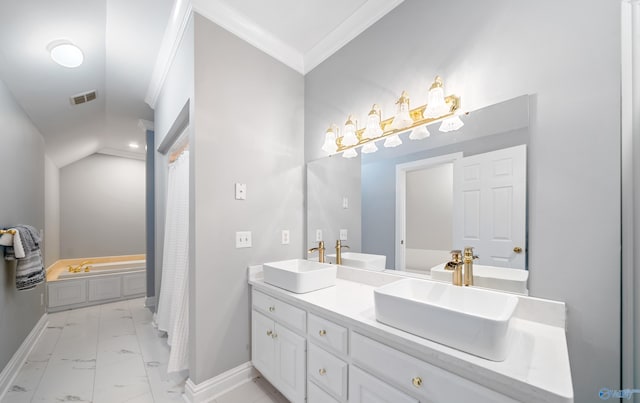 bathroom with marble finish floor, baseboards, ornamental molding, and a sink