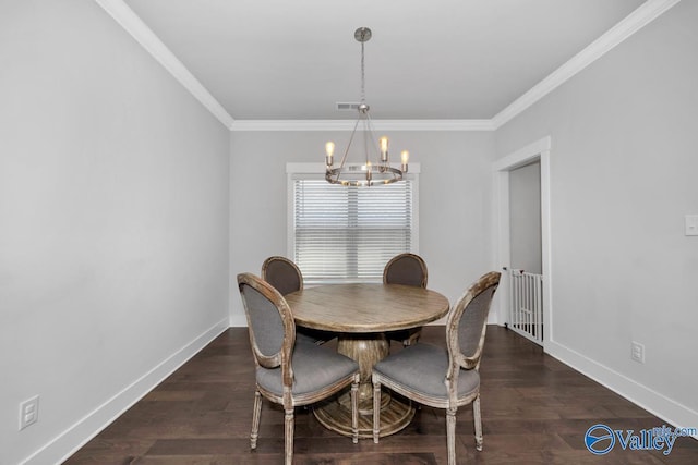 dining room featuring a notable chandelier, crown molding, and dark hardwood / wood-style flooring